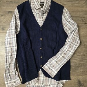 Jos. A. Bank Reserve Plaid Button-Up Shirt in White, Navy & Brown With Navy Vest